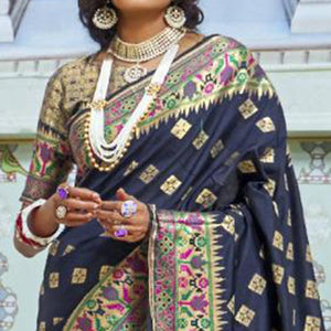 Attractive Blue Colored Festive Wear Woven Silk Saree - Peachmode