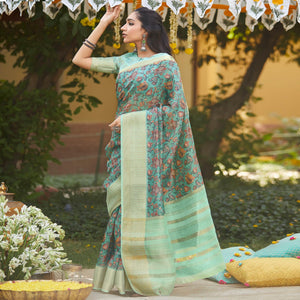 Attractive Blue Colored Party Wear Digital Printed Linen Saree - Peachmode