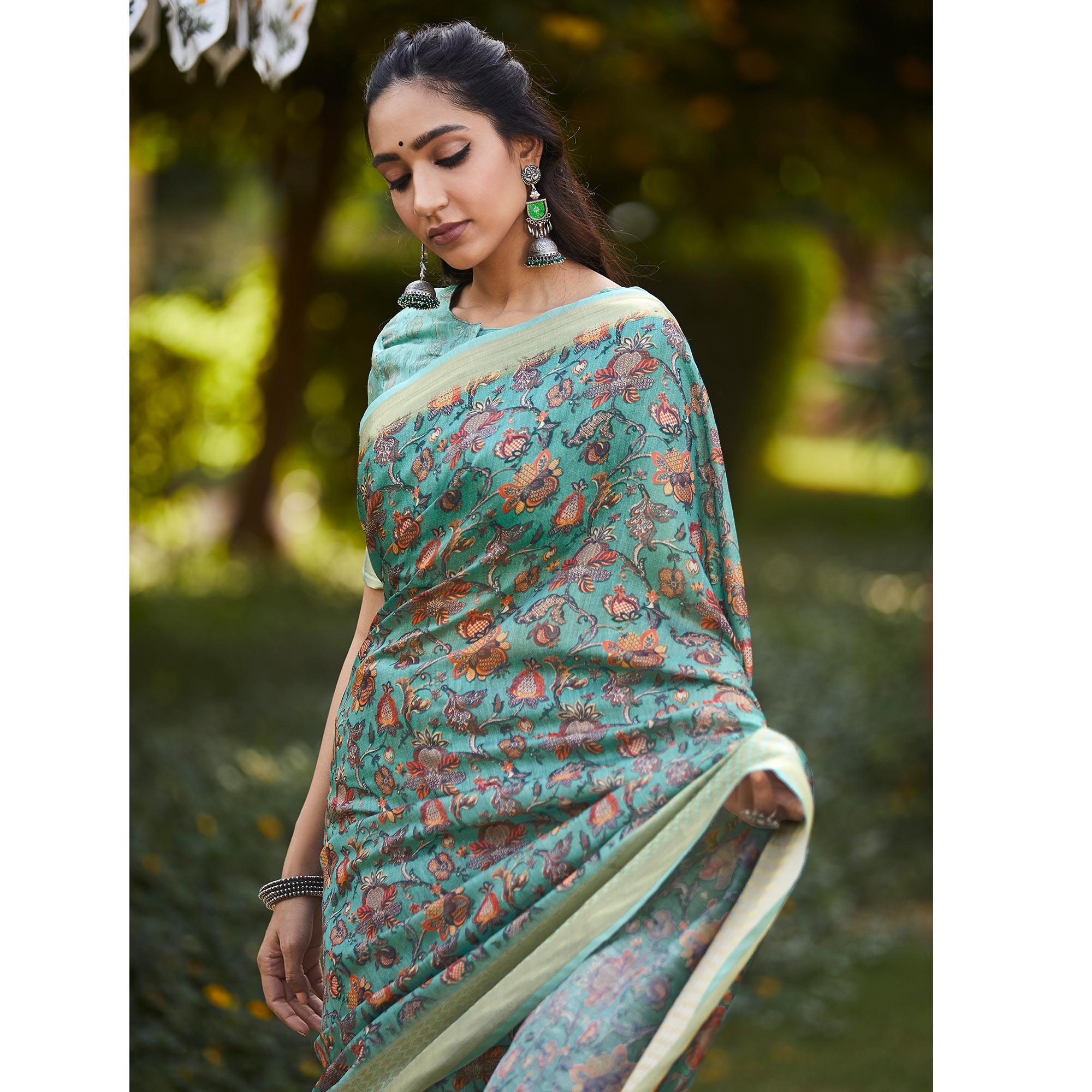 Attractive Blue Colored Party Wear Digital Printed Linen Saree - Peachmode