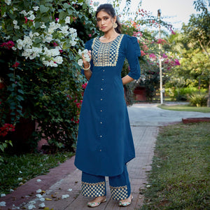 Attractive Blue Colored Partywear Embroidered Cotton Silk Kurti-Palazzo Set - Peachmode