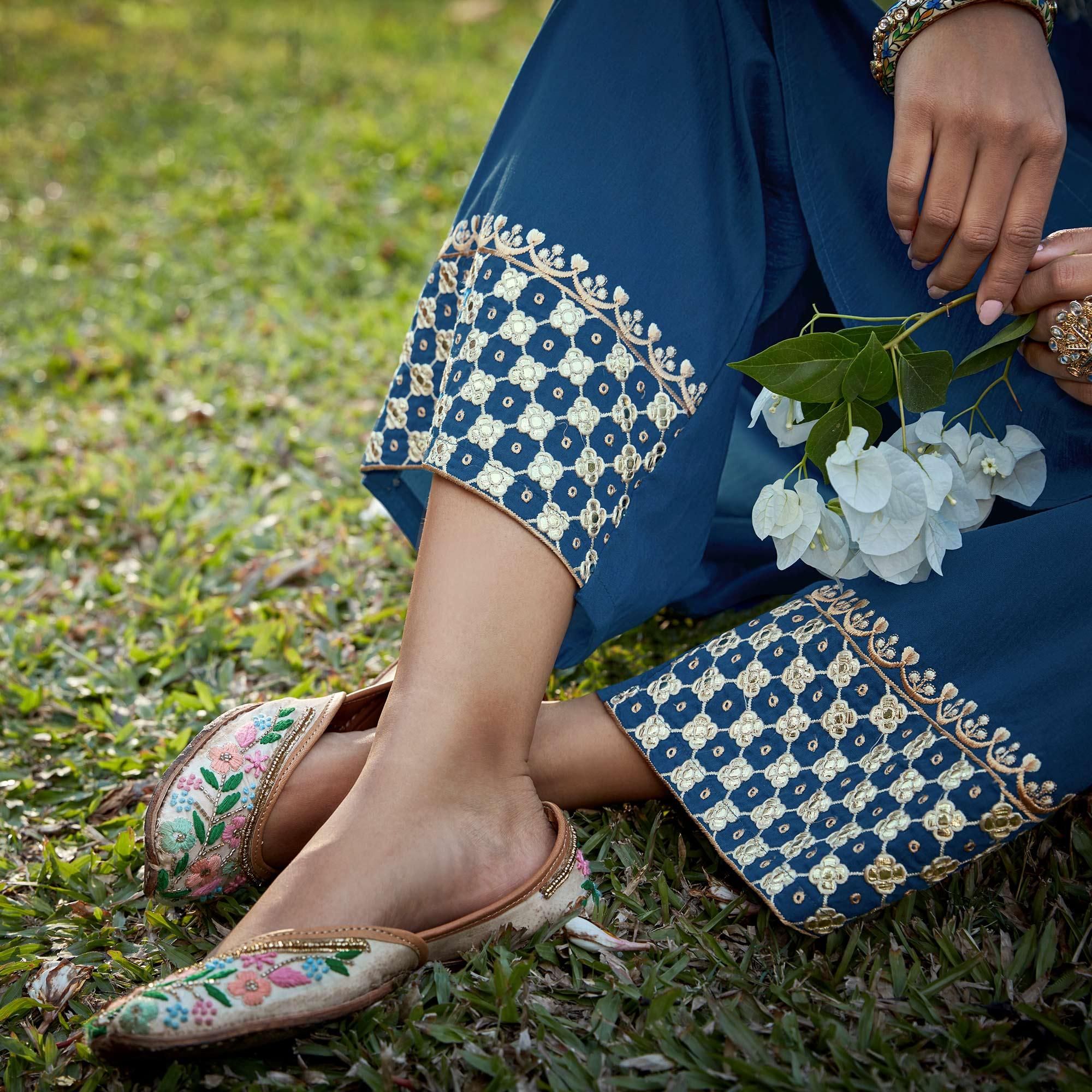 Attractive Blue Colored Partywear Embroidered Cotton Silk Kurti-Palazzo Set - Peachmode