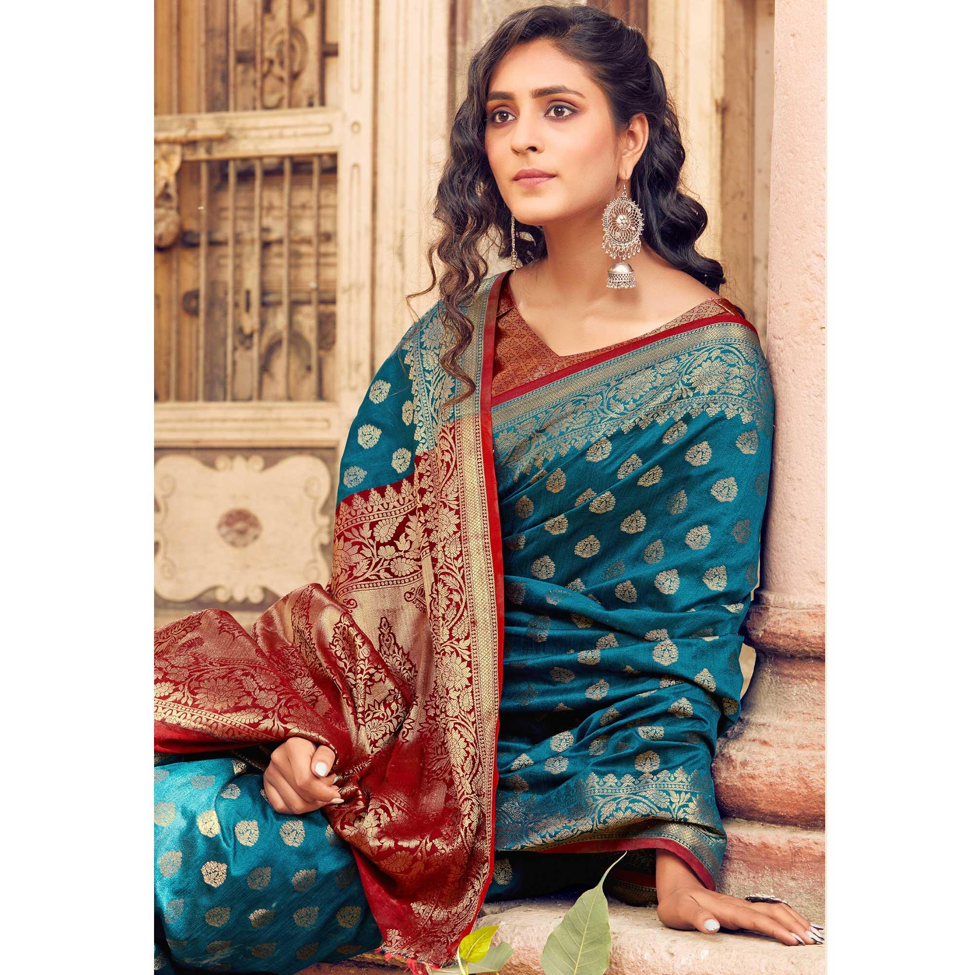 Attractive Blue Coloured Designer Partywear Weaving Silk Saree - Peachmode