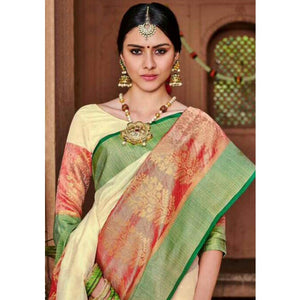 Attractive Cream Colored Festive Wear Woven Art Silk Saree - Peachmode