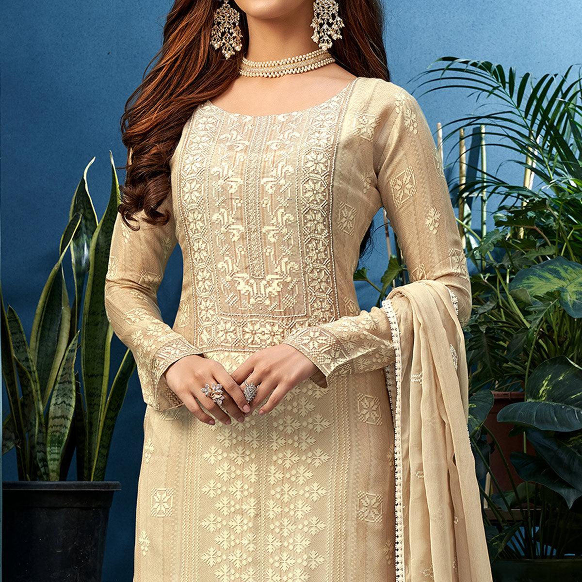 Attractive Cream Colored Partywear Digital Printed Pure Muslin Palazzo Suit - Peachmode