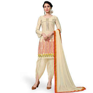 Attractive Cream Colored Partywear Embroidered Cotton Dress Material - Peachmode