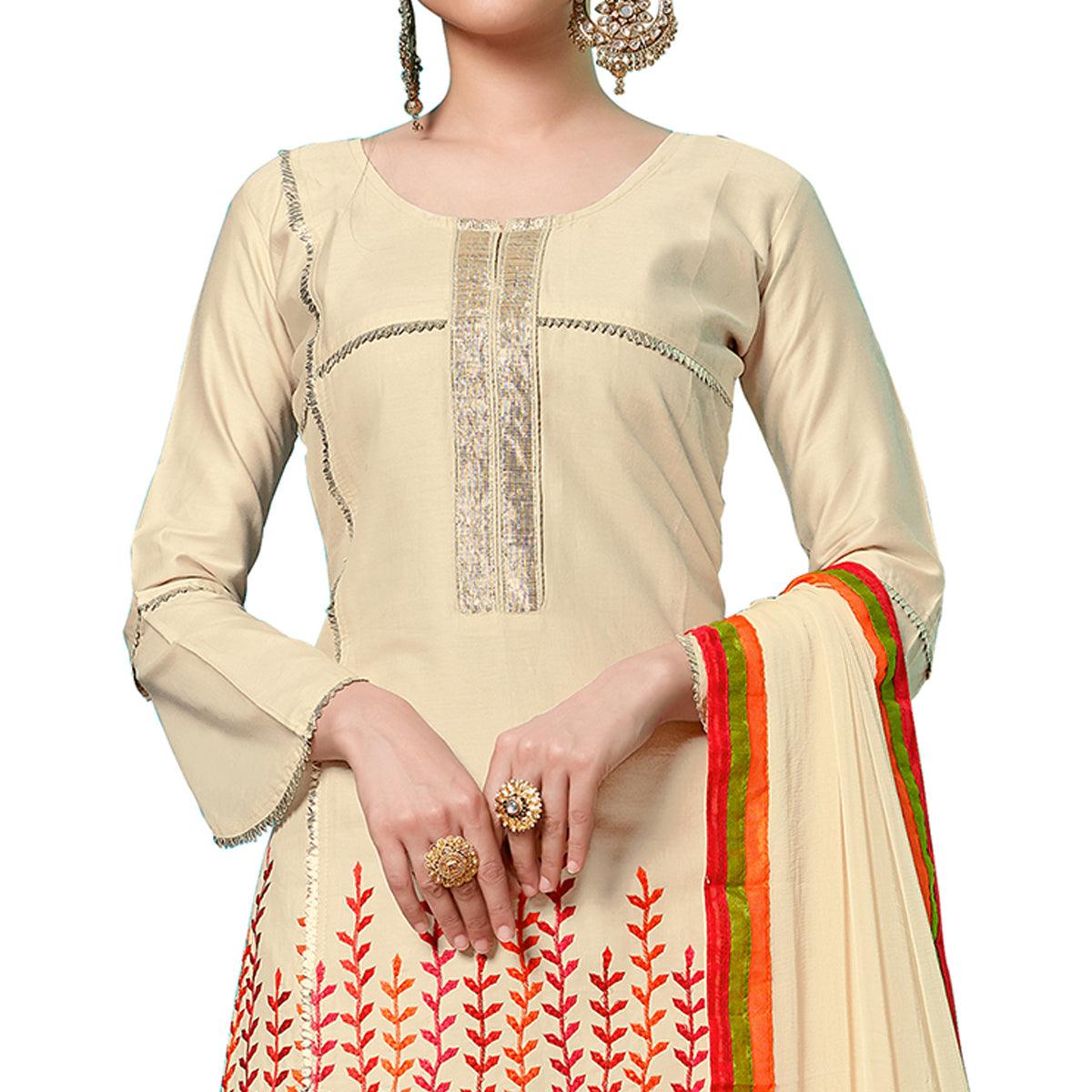 Attractive Cream Colored Partywear Embroidered Cotton Dress Material - Peachmode