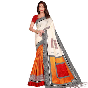 Attractive Cream-Orange Colored Casual Wear Printed Art Silk Saree With Tassels - Peachmode