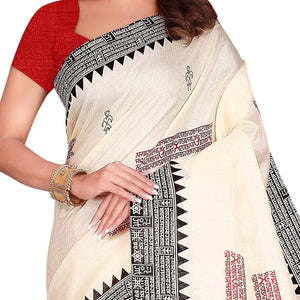 Attractive Cream-Orange Colored Casual Wear Printed Art Silk Saree With Tassels - Peachmode