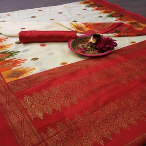 Attractive Cream-Red Colored Festive Wear Tample Foli Print Patola Silk Saree - Peachmode