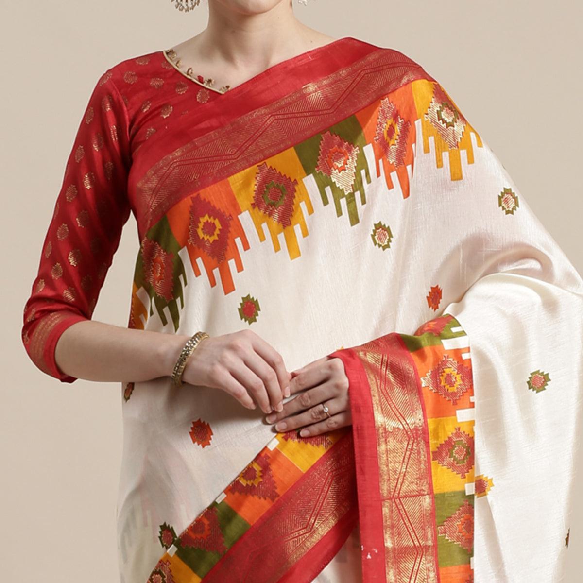 Attractive Cream-Red Colored Festive Wear Tample Foli Print Patola Silk Saree - Peachmode