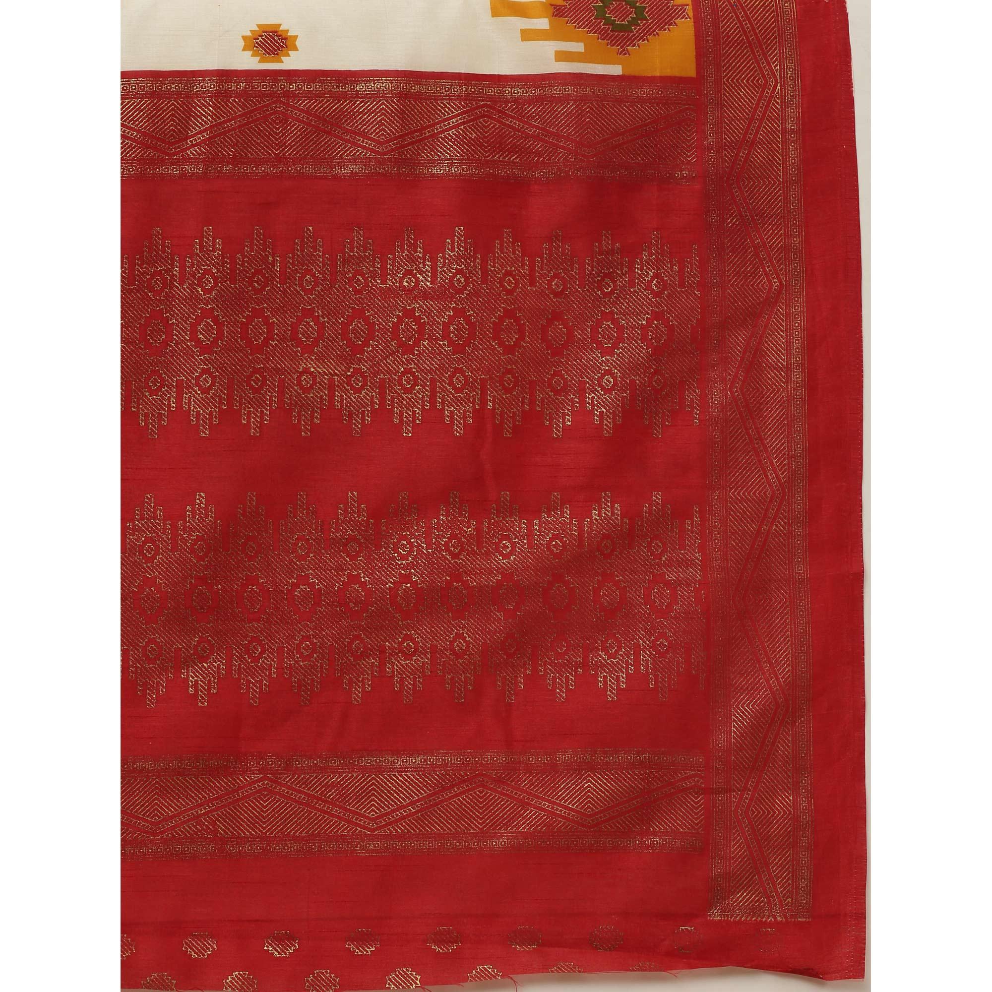 Attractive Cream-Red Colored Festive Wear Tample Foli Print Patola Silk Saree - Peachmode