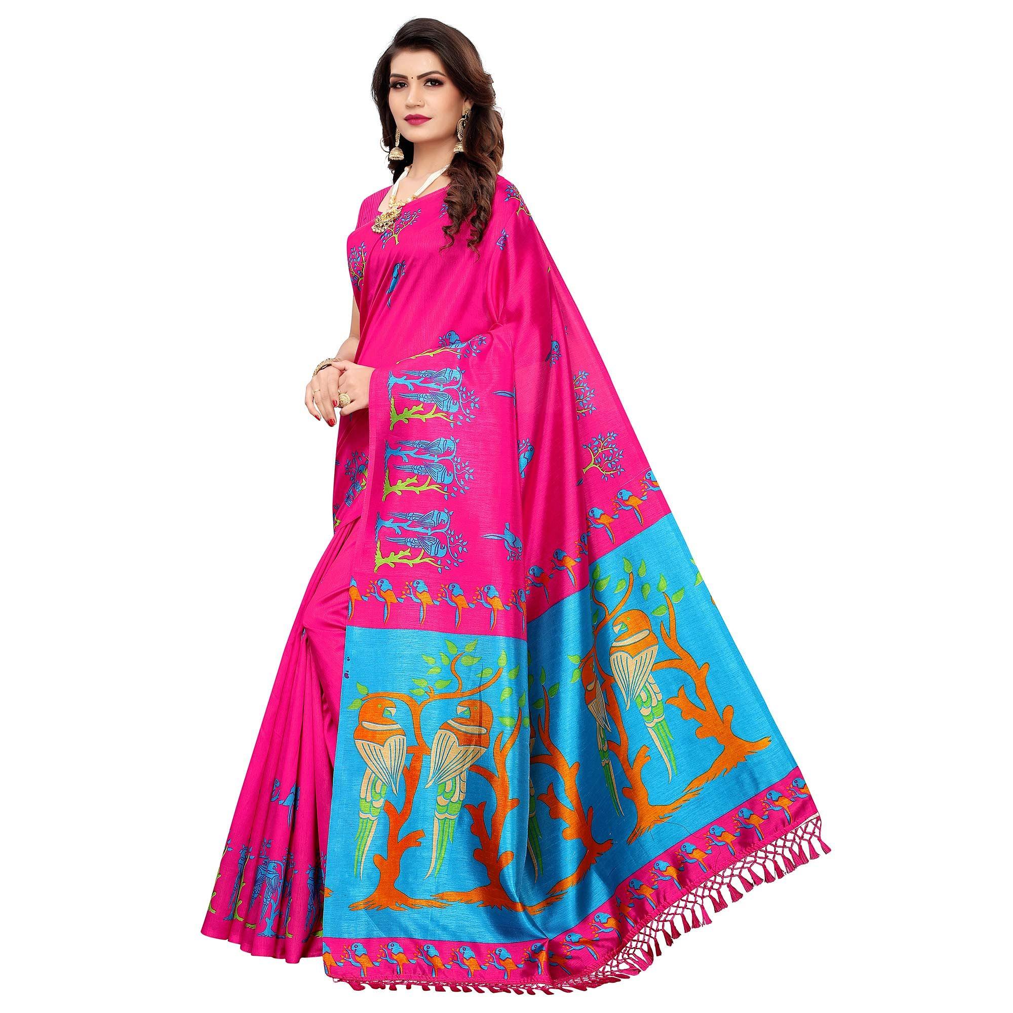 Attractive Dark Pink Colored Festive Wear Parrot Printed Art Silk Saree - Peachmode