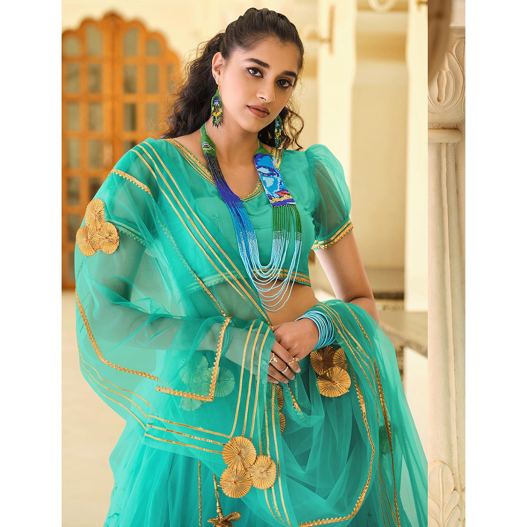 Attractive Dark Turquoise Colored Wedding Wear Designer Gotta Patti Pattern Butterfly Net Lehenga Choli - Peachmode