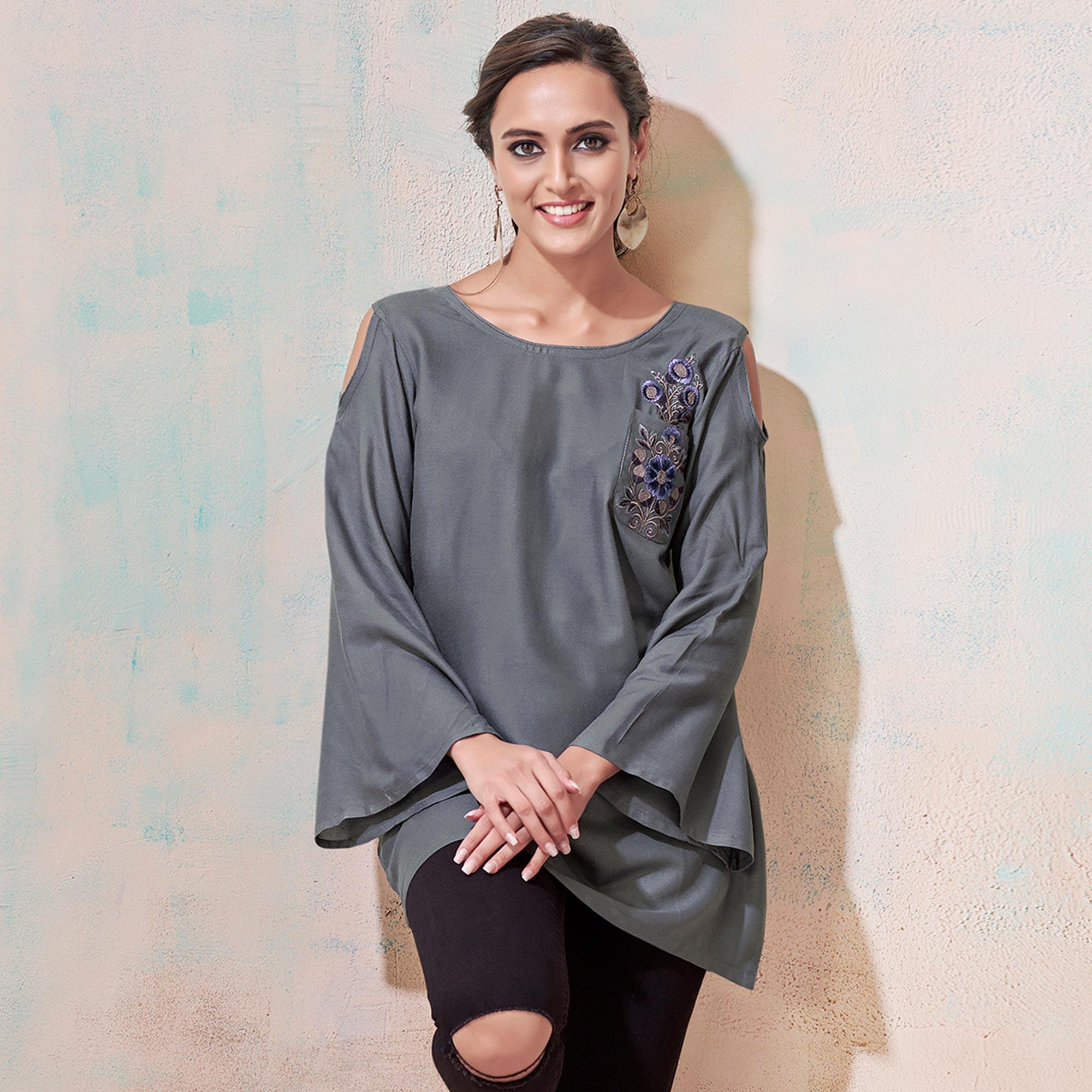 Attractive Gray Colored Partywear Embroidered Rayon Western Top - Peachmode