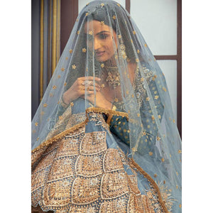 Attractive Green-Beige Coloured Embroidered Partywear Butterfly Net Anarkali Suit - Peachmode