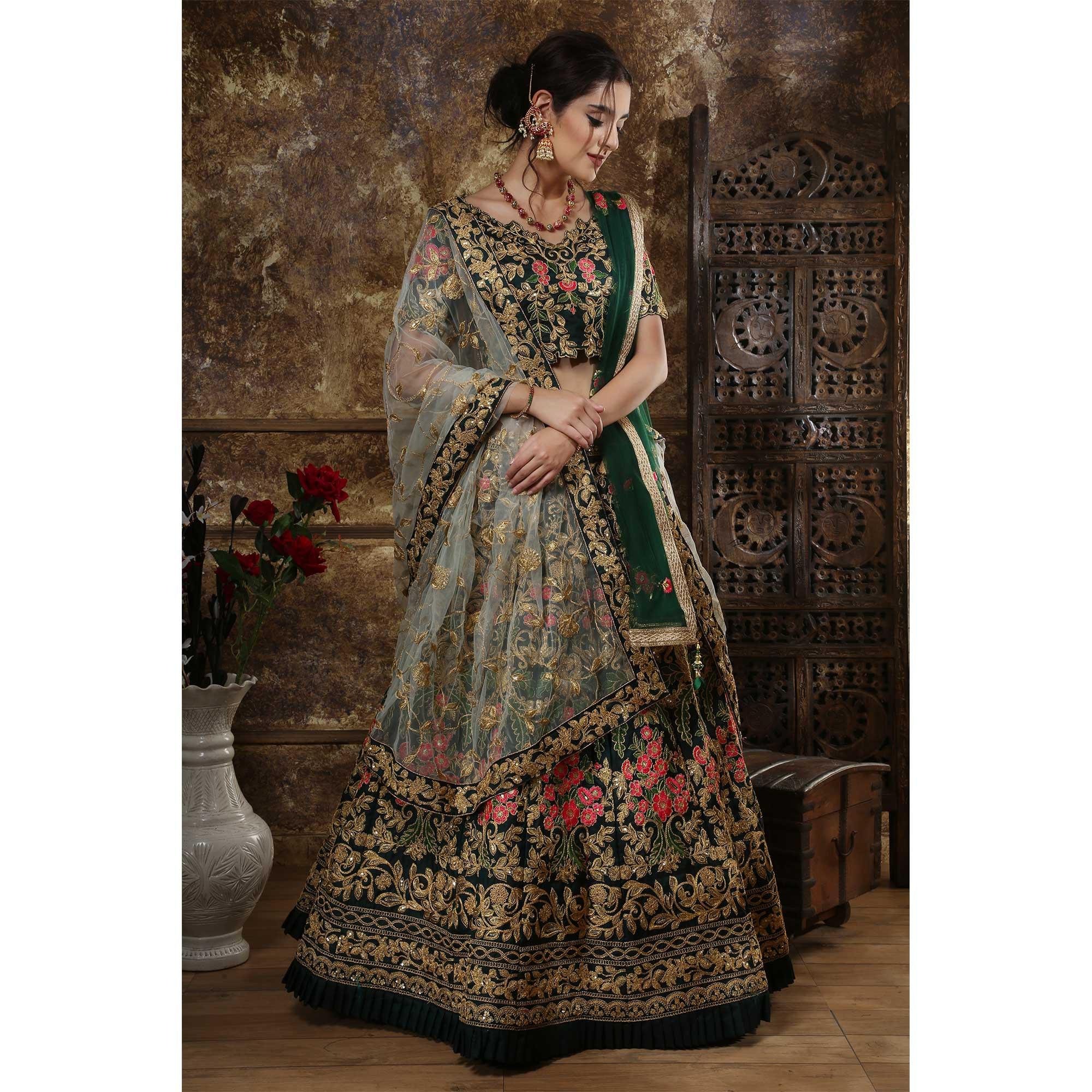 Attractive Green Color Party Wear Embroidered Taffeta Satin Lehenga Choli - Peachmode