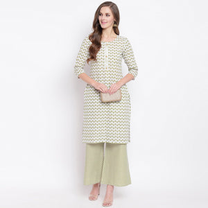 Attractive Green Colored Casual Printed Cotton Kurti-Palazzo Set - Peachmode