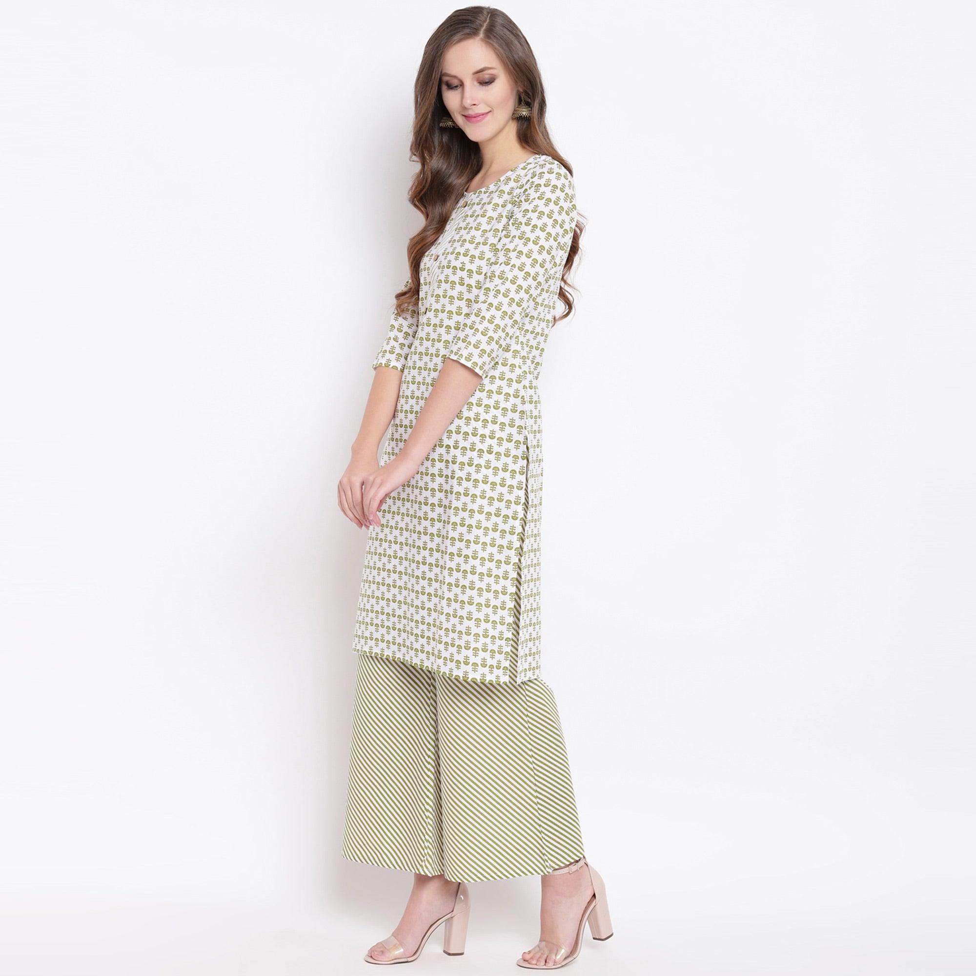 Attractive Green Colored Casual Printed Cotton Kurti-Palazzo Set - Peachmode