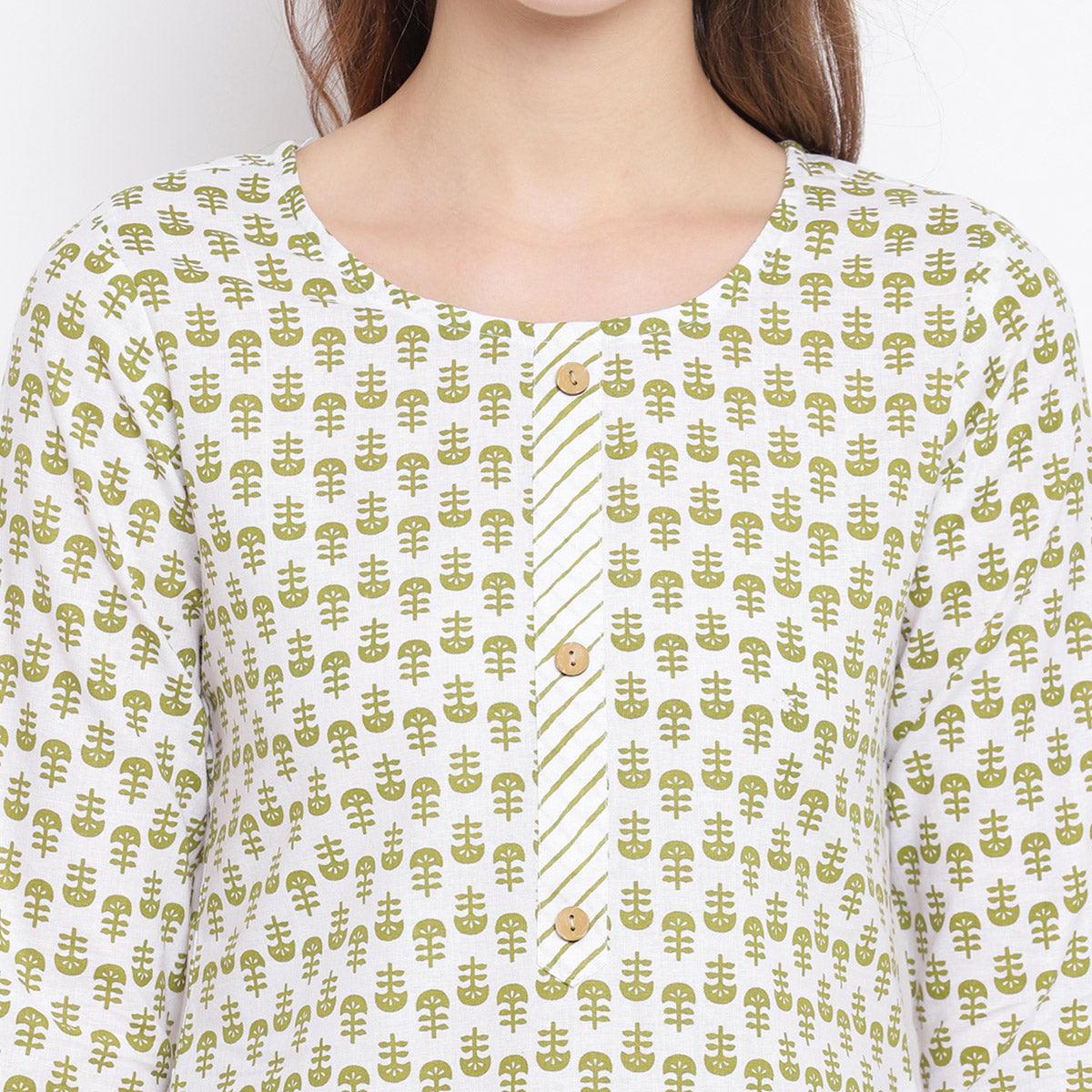 Attractive Green Colored Casual Printed Cotton Kurti-Palazzo Set - Peachmode
