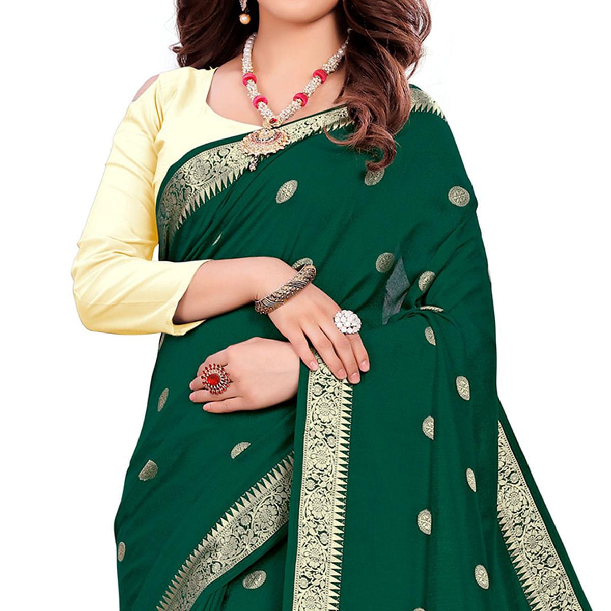 Attractive Green Colored Casual Wear Embroidered Art Silk Saree With Tassels - Peachmode