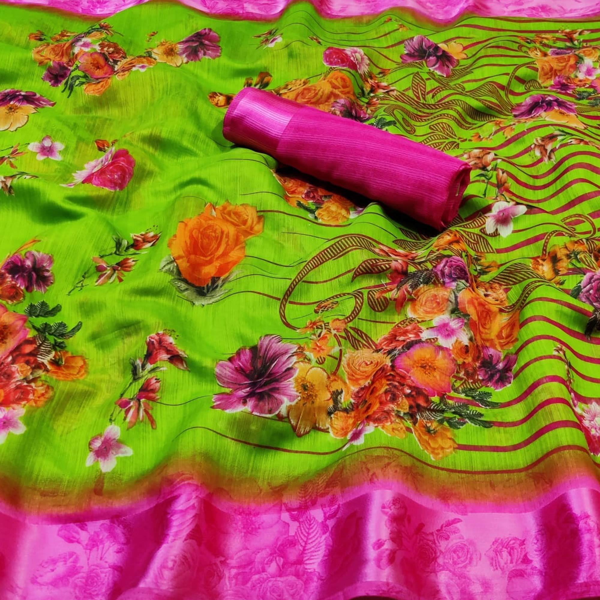 Attractive Green Colored Casual Wear Fancy Printed Linen Saree - Peachmode