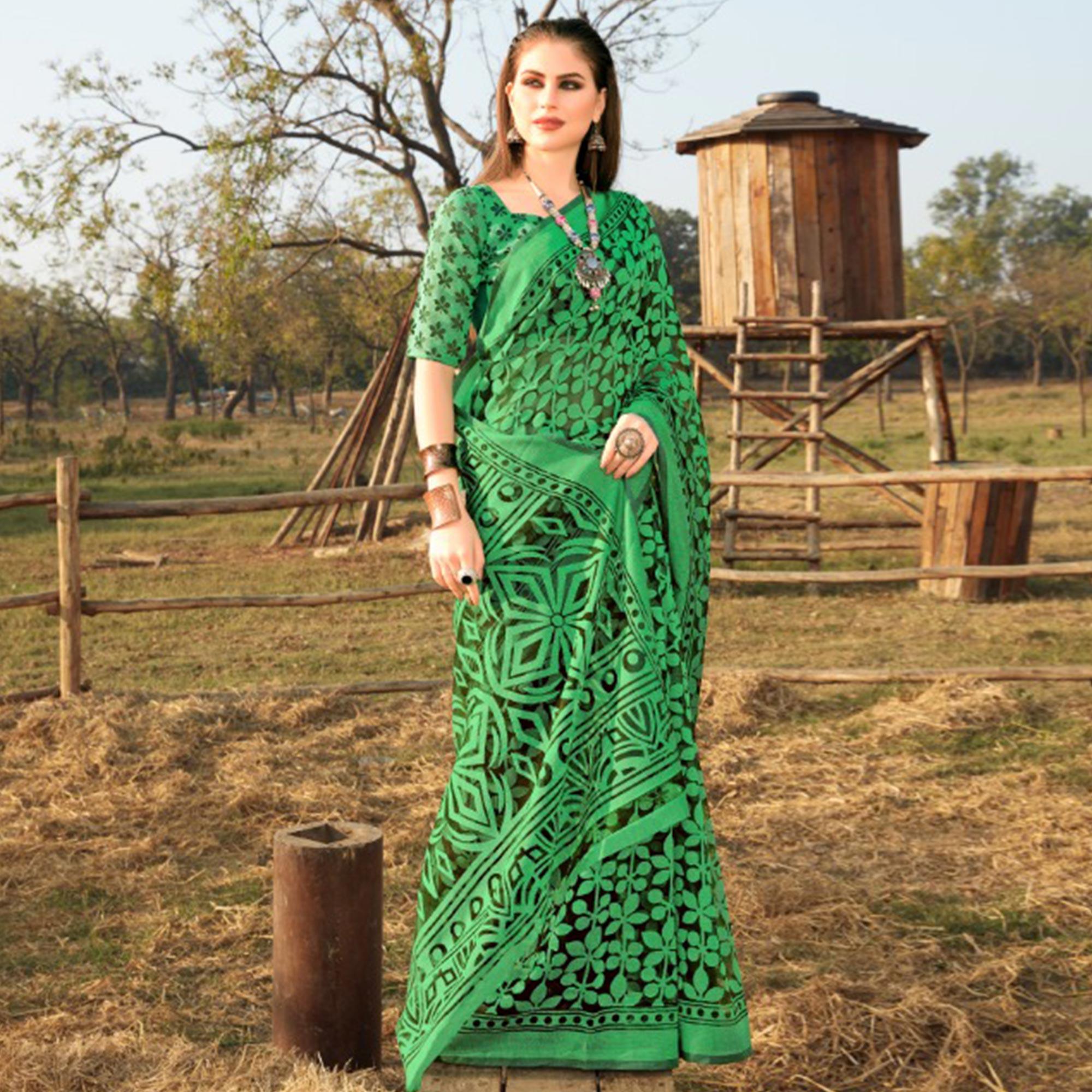 Attractive Green Colored Casual Wear Printed Brasso Saree - Peachmode