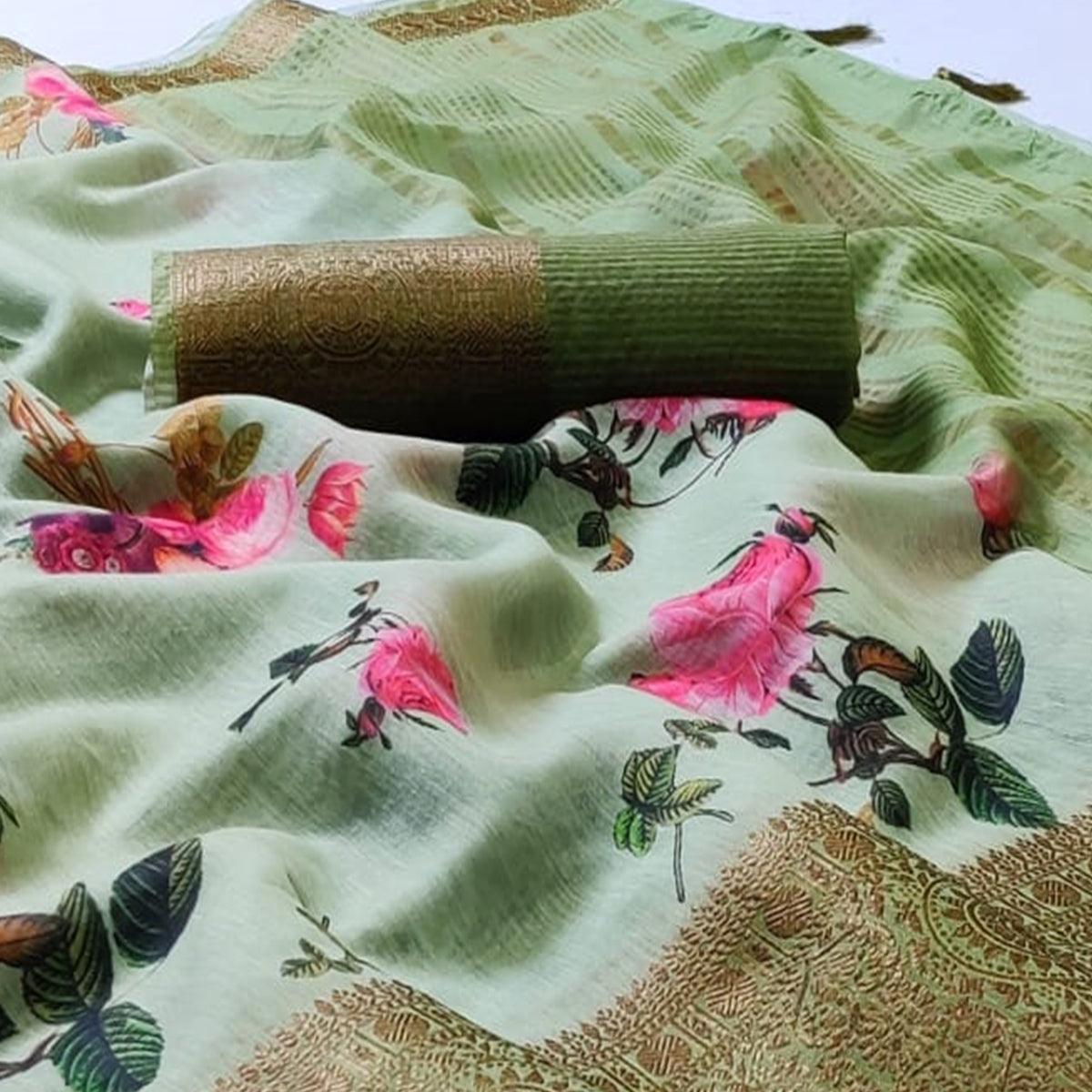 Attractive Green Colored Festive Wear Woven Banarasi Silk Saree - Peachmode