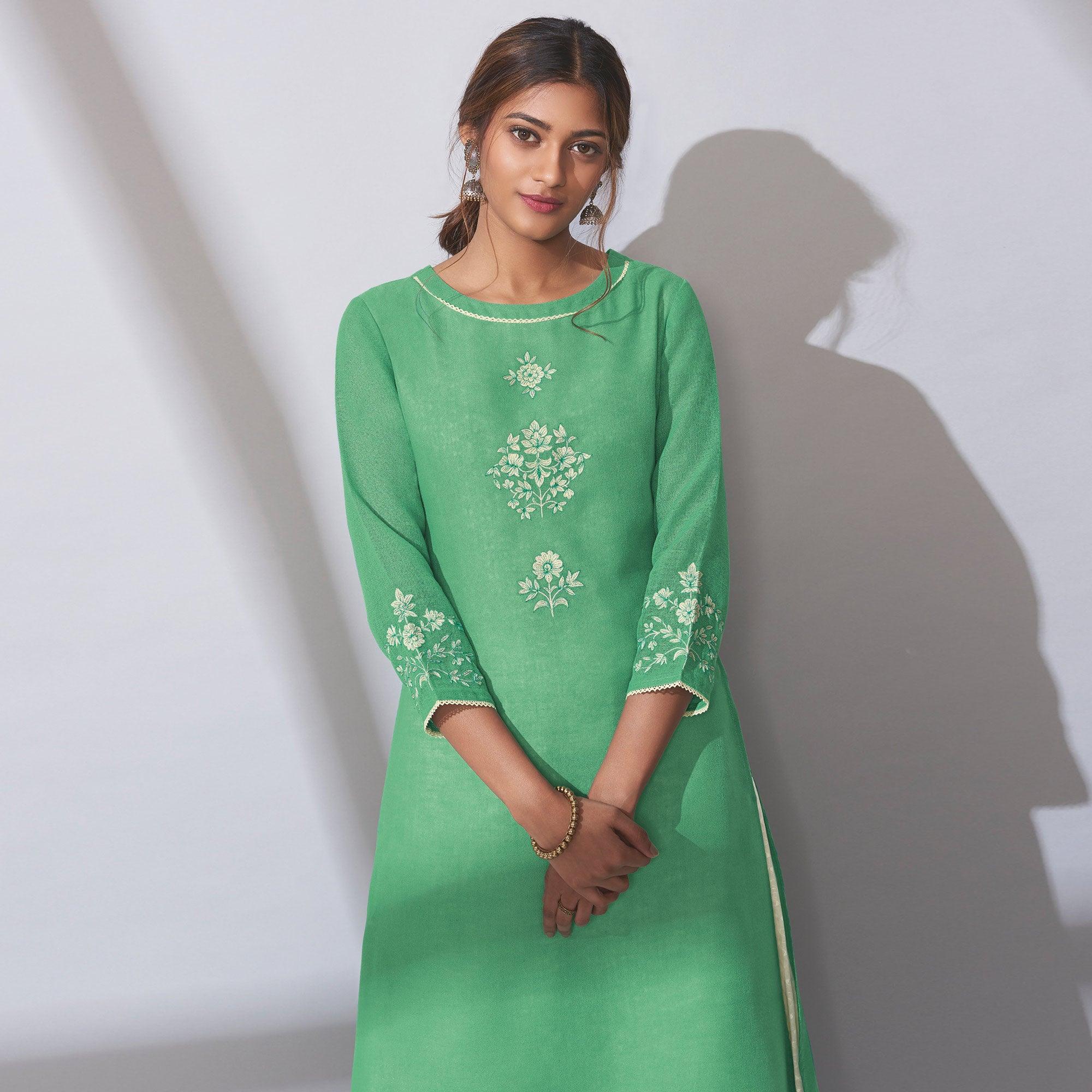 Attractive Green Colored Party Wear Embroidered Khadi Cotton Kurti-Palazzo Set - Peachmode