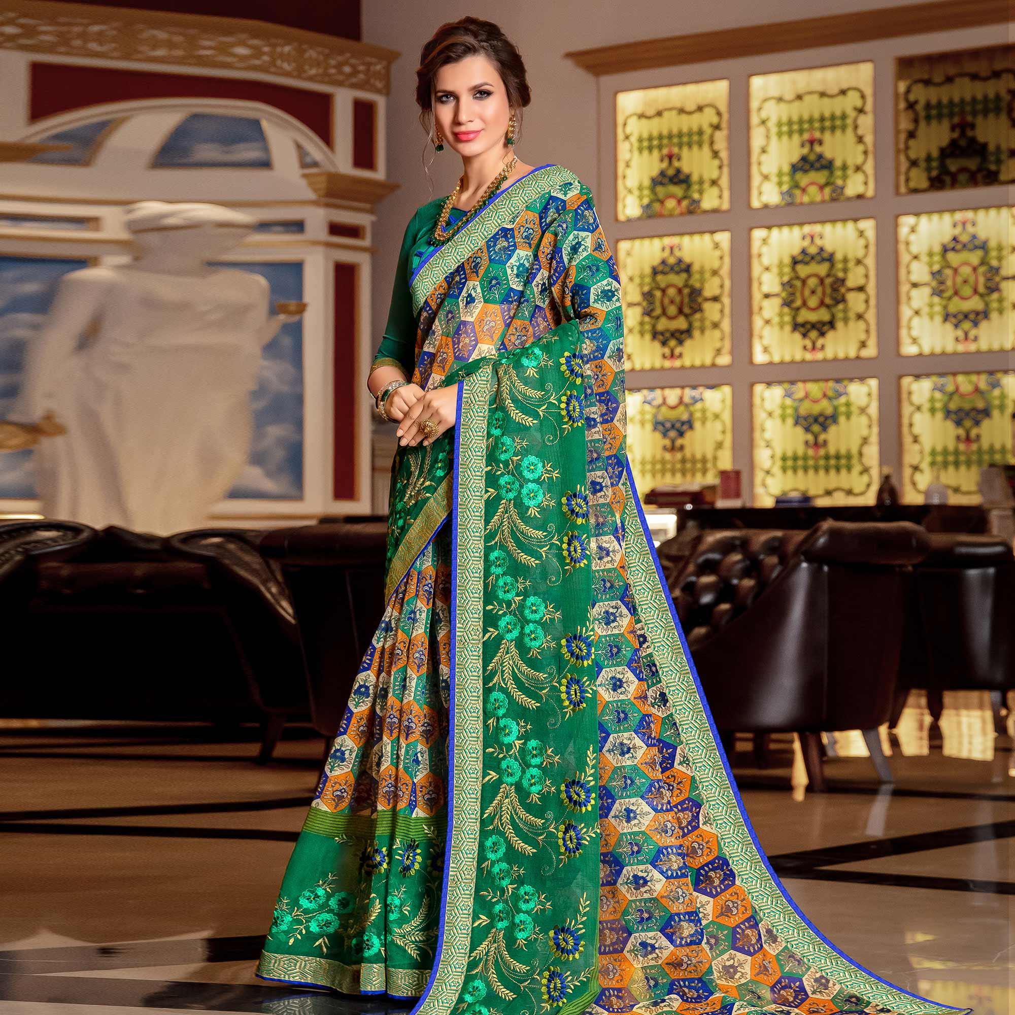 Attractive Green Colored Partywear Embroidered Silk Saree - Peachmode