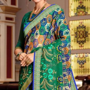 Attractive Green Colored Partywear Embroidered Silk Saree - Peachmode