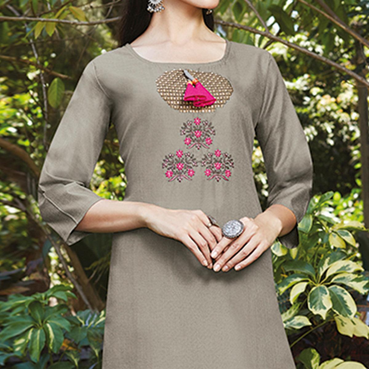 Attractive Grey Colored Casual Wear Embroidered Cotton Sulb Kurti - Peachmode
