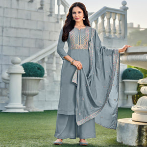 Attractive Grey Colored Festive Wear Embroidered Art Silk Dress Material - Peachmode
