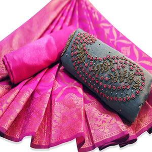 Attractive Grey Embroidered Chanderi Dress Material - Peachmode