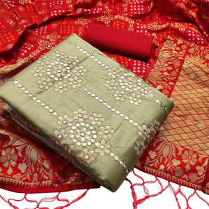 Attractive Light Olive Green Colored Festive Wear Embroidered Heavy Cotton Dress Material - Peachmode