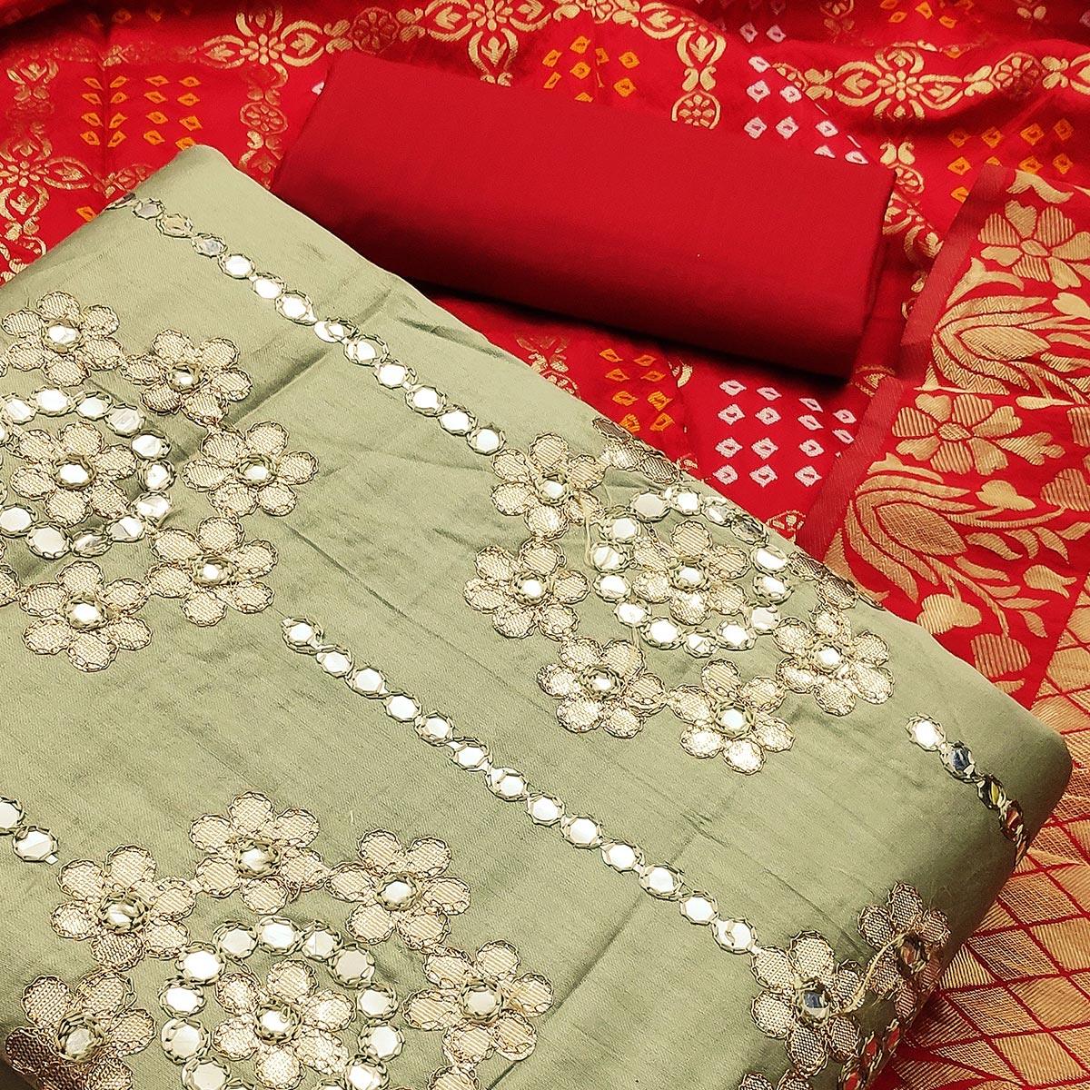 Attractive Light Olive Green Colored Festive Wear Embroidered Heavy Cotton Dress Material - Peachmode