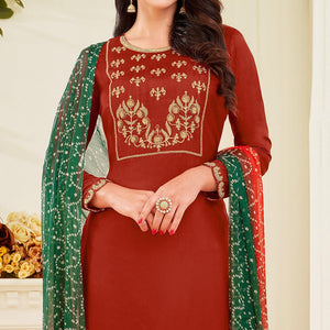 Attractive Maroon Colored Casual Wear Embroidered Chanderi Dress Material - Peachmode