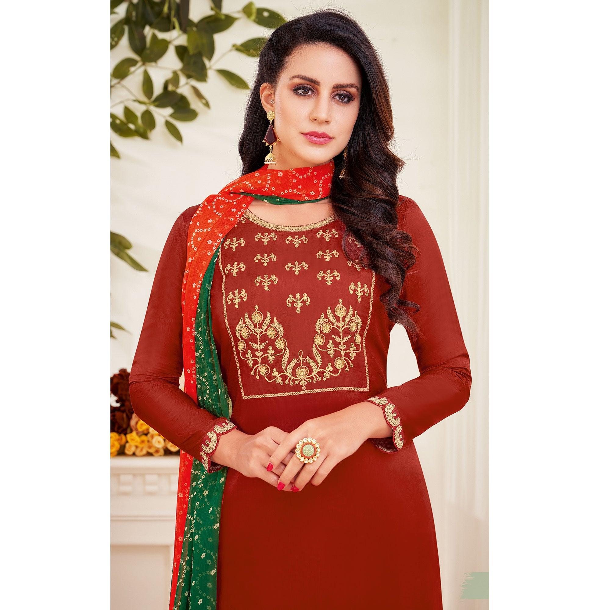 Attractive Maroon Colored Casual Wear Embroidered Chanderi Dress Material - Peachmode