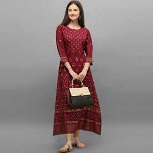 Attractive Maroon Coloured Casual Wear Printed Rayon Malai Kurti - Peachmode