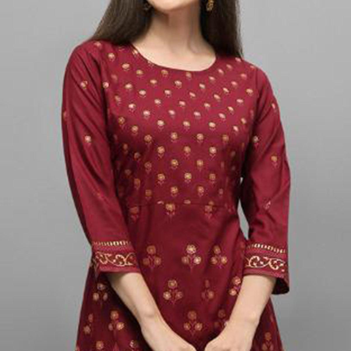 Attractive Maroon Coloured Casual Wear Printed Rayon Malai Kurti - Peachmode
