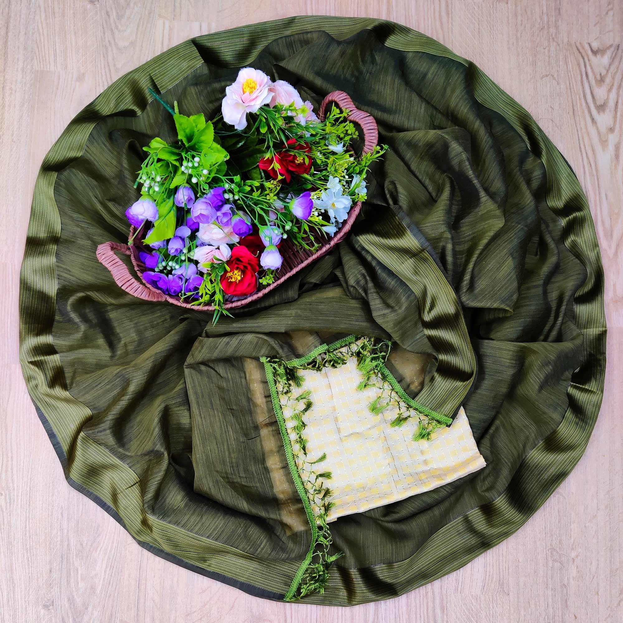 Attractive Mehdi Colored Casual Wear Cotton With Soft Satin Border Saree - Peachmode