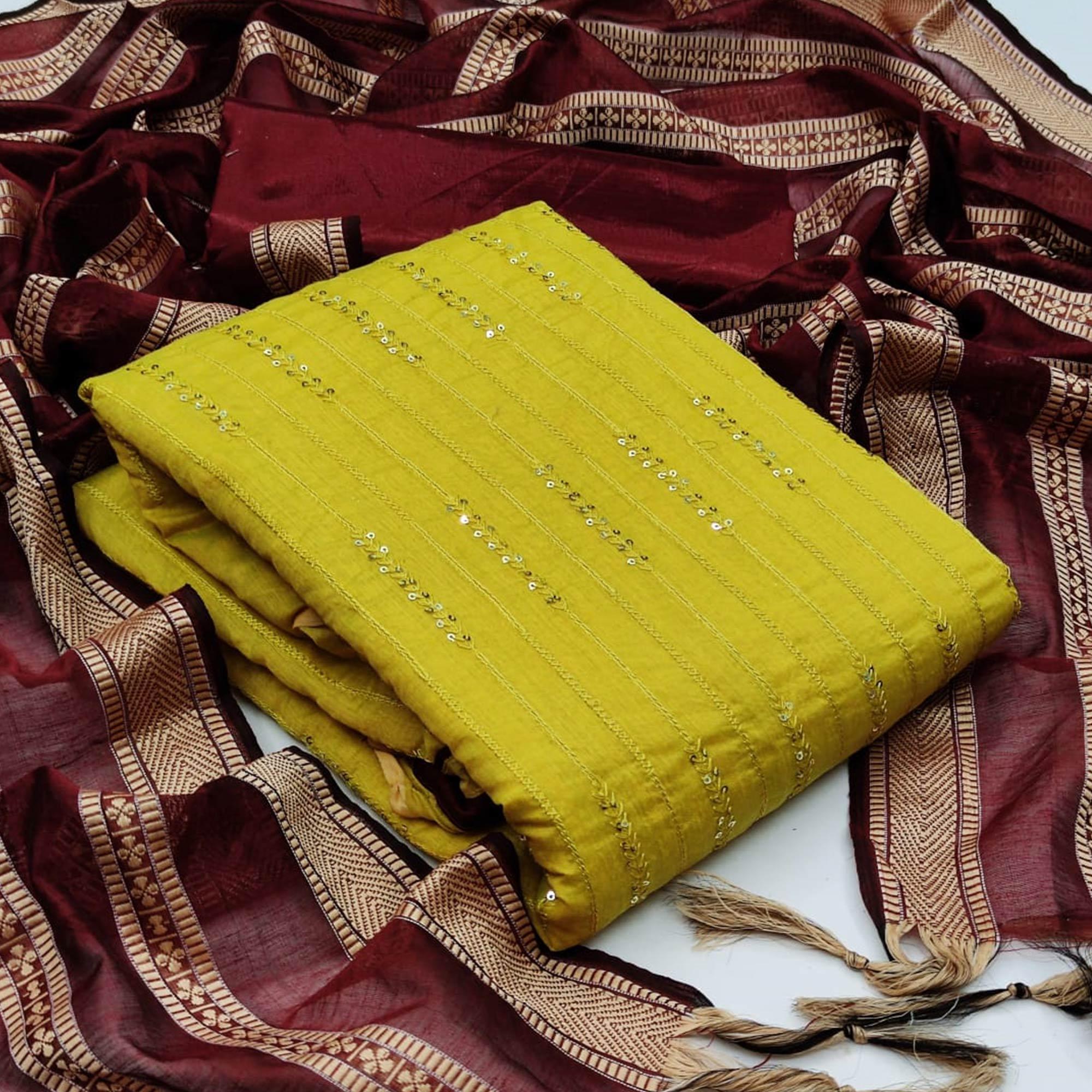 Attractive Mehendi Green Colored Casual Wear Embroidered Chanderi Dress Material - Peachmode