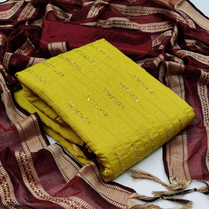 Attractive Mehendi Green Colored Casual Wear Embroidered Chanderi Dress Material - Peachmode