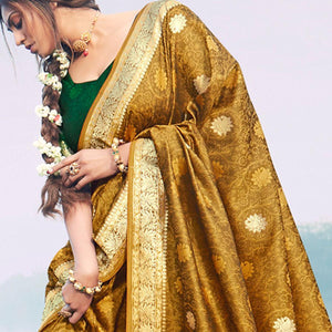 Attractive Mustard Colored Festive Wear Woven Banarasi Silk Saree - Peachmode