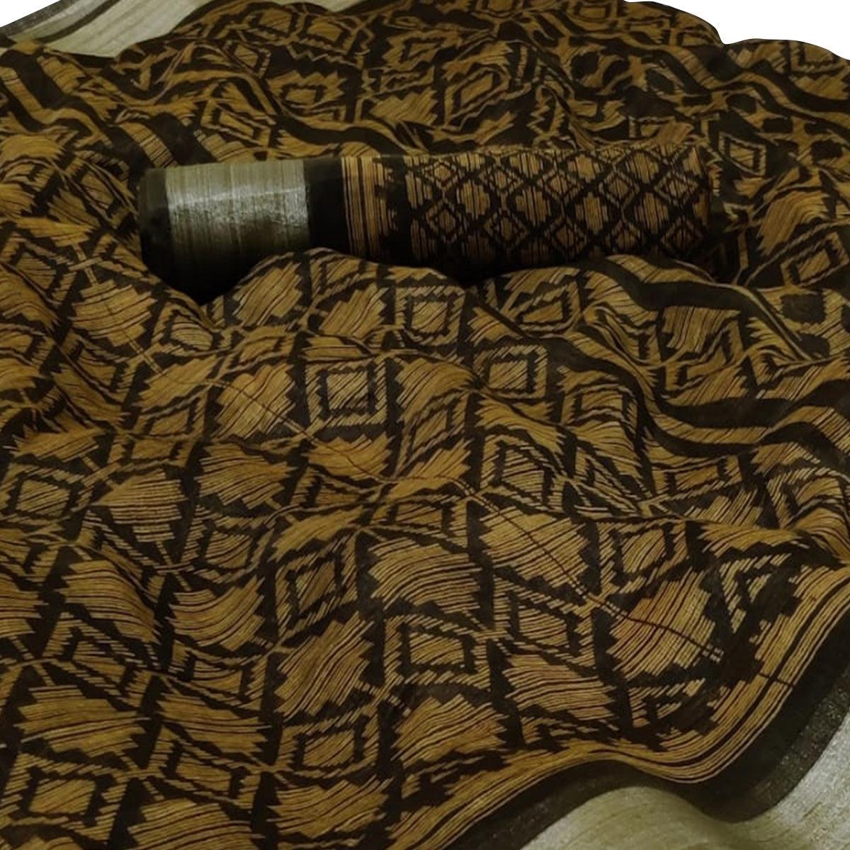 Attractive Mustard Yellow Brown Colored Casual Wear Floral Printed Linen Saree - Peachmode