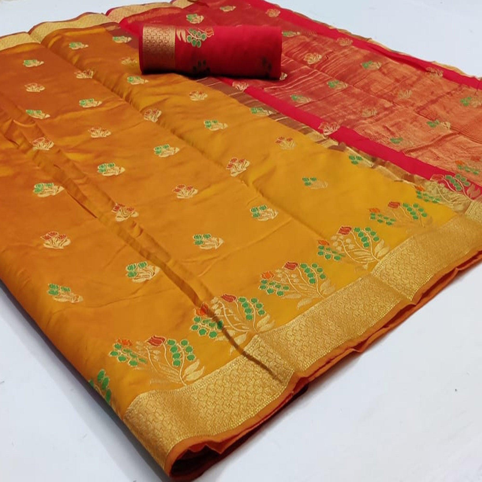 Attractive Mustard-Yellow Colored Festive Wear Woven Soft Silk Saree - Peachmode