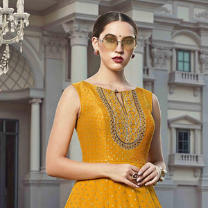 Attractive Musterd Colored Partywear Designer Handwork Heavy soft viscose Georgette Anarkali Style Suit - Peachmode