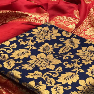 Attractive Navy Blue Colored Casual Wear Woven Banarasi Silk Dress Material - Peachmode