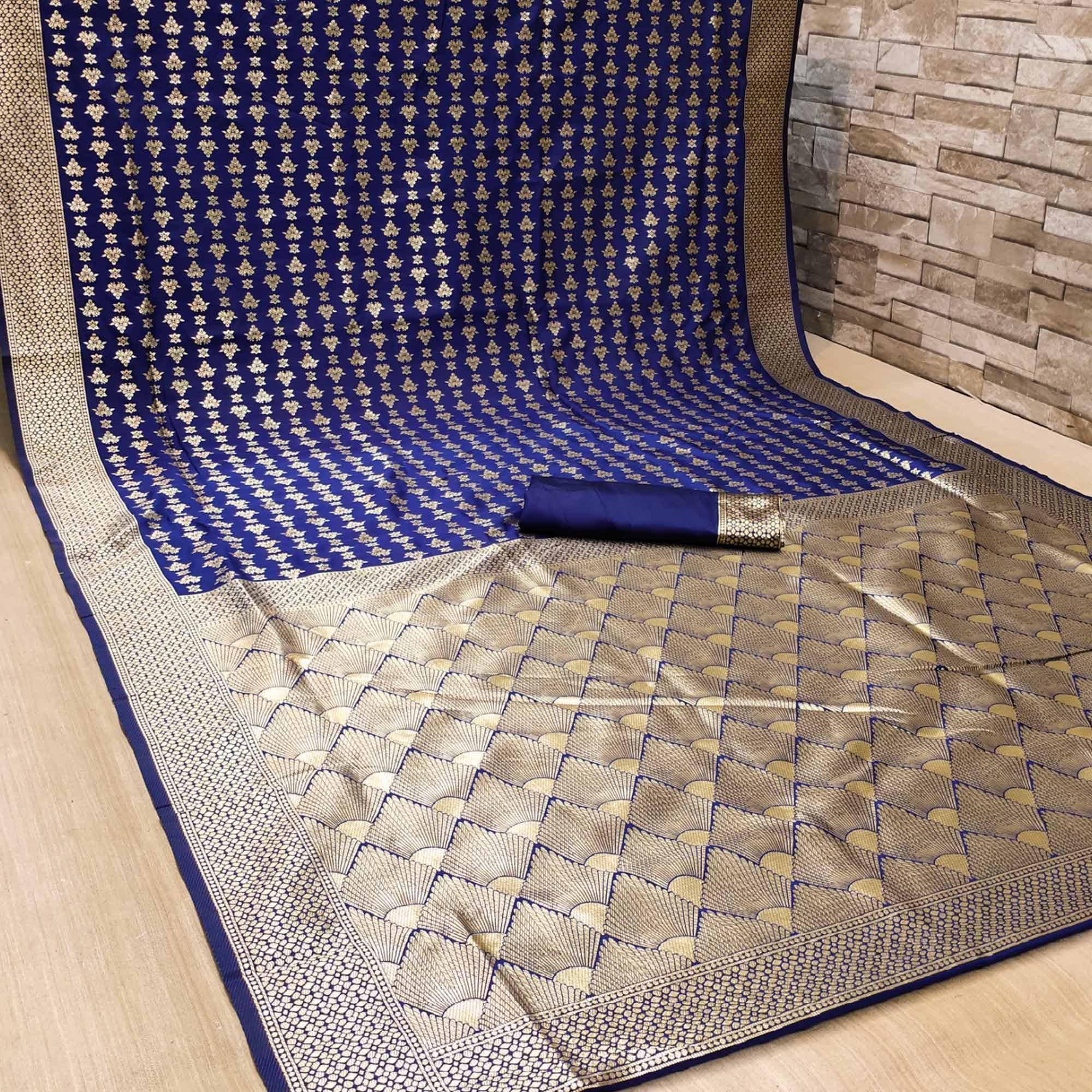 Attractive Navy Blue Colored Festive Wear Woven Banarasi Silk Saree - Peachmode