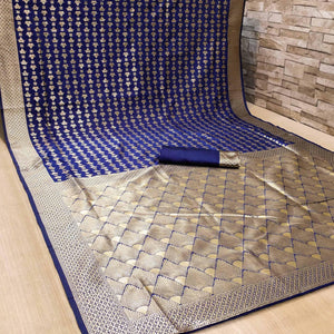 Attractive Navy Blue Colored Festive Wear Woven Banarasi Silk Saree - Peachmode