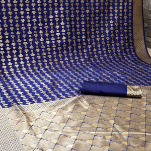 Attractive Navy Blue Colored Festive Wear Woven Banarasi Silk Saree - Peachmode